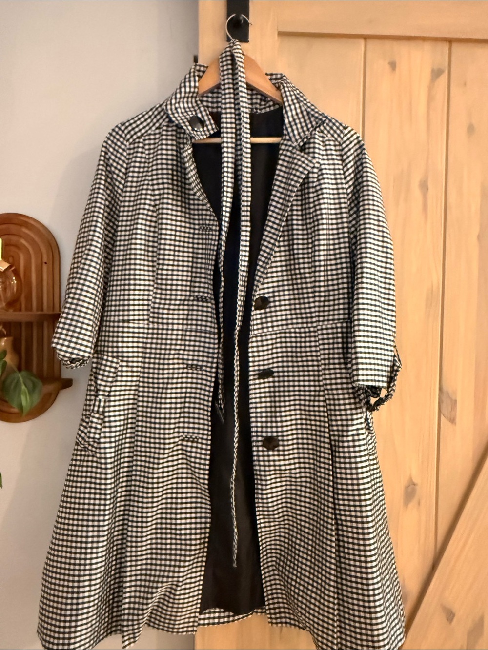 Women's Black & White Gingham Trench Coat